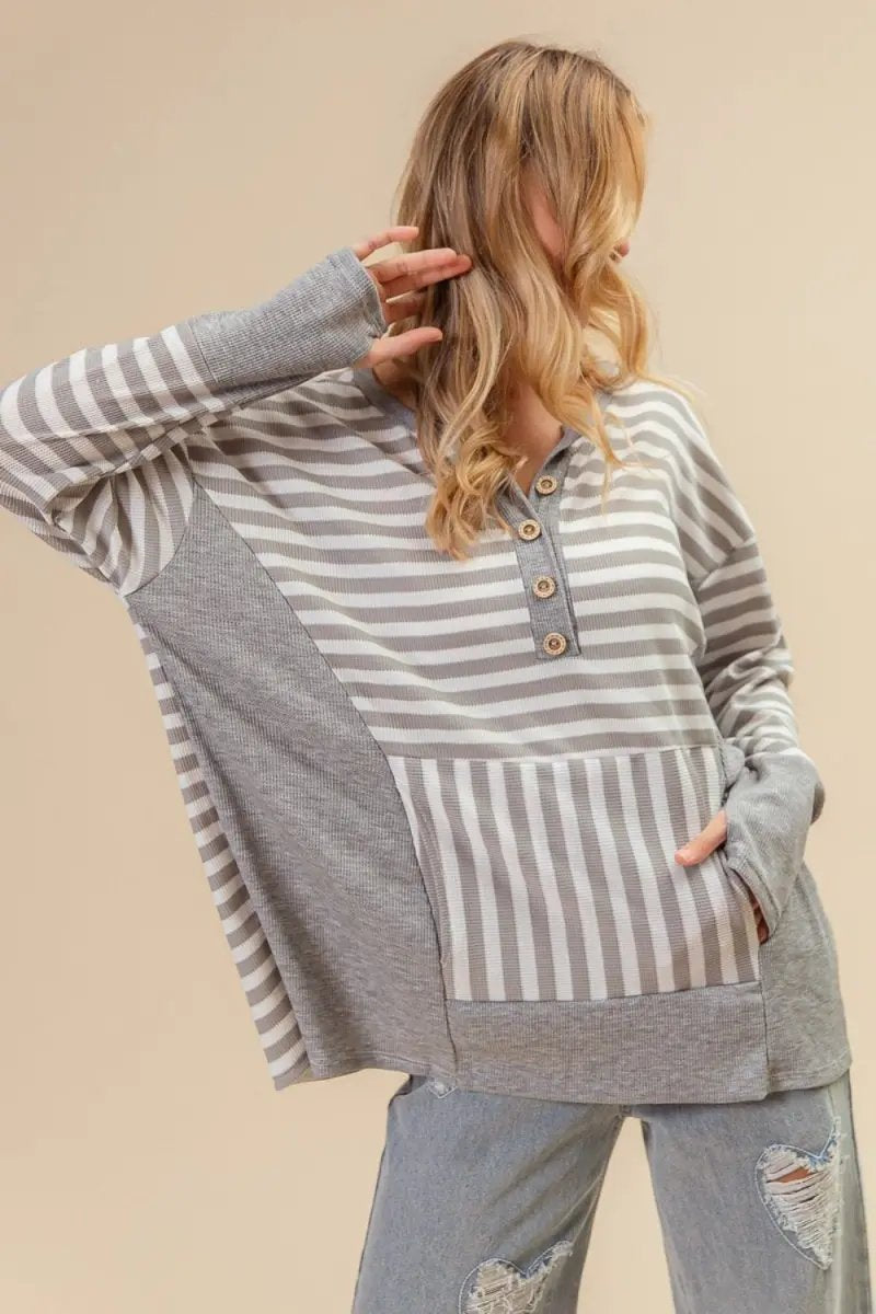 BiBi Striped Thumbhole Long Sleeve Top for Winter Wear - Love Salve